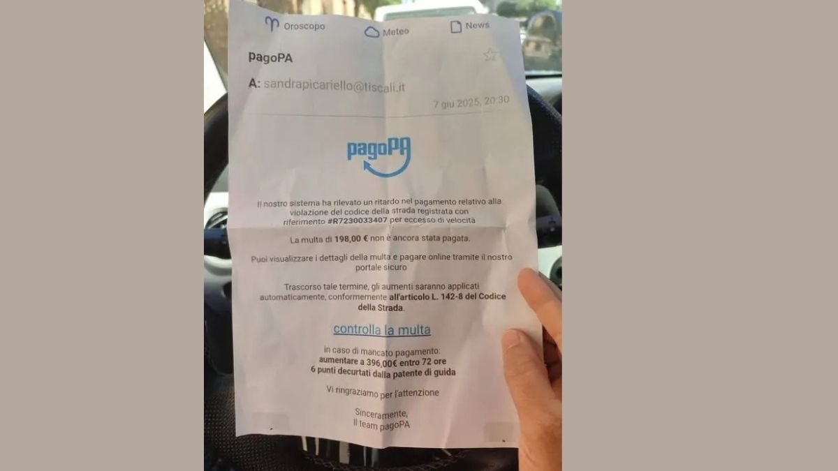 Falsa email stampata con intestazione PagoPA inviata a un cittadino per una presunta multa da 198€, in realtà tentativo di phishing.