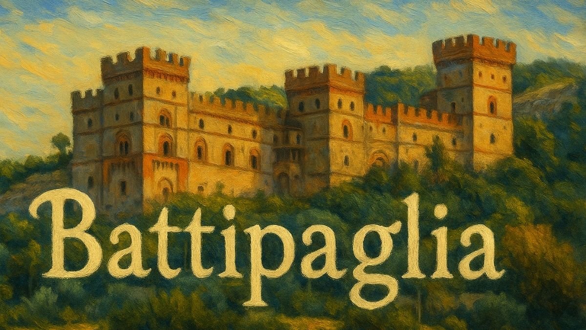 Dipinto a olio della Castelluccia di Battipaglia tra la vegetazione collinare, con scritta Battipaglia in primo piano