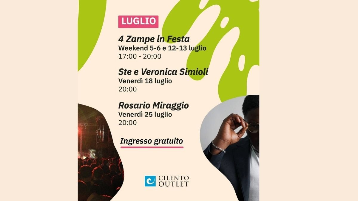 Locandina degli eventi di luglio 2025 al Cilento Outlet Village, con spettacoli e iniziative a ingresso gratuito, tra cui Rosario Miraggio e Ste e Veronica Simioli.