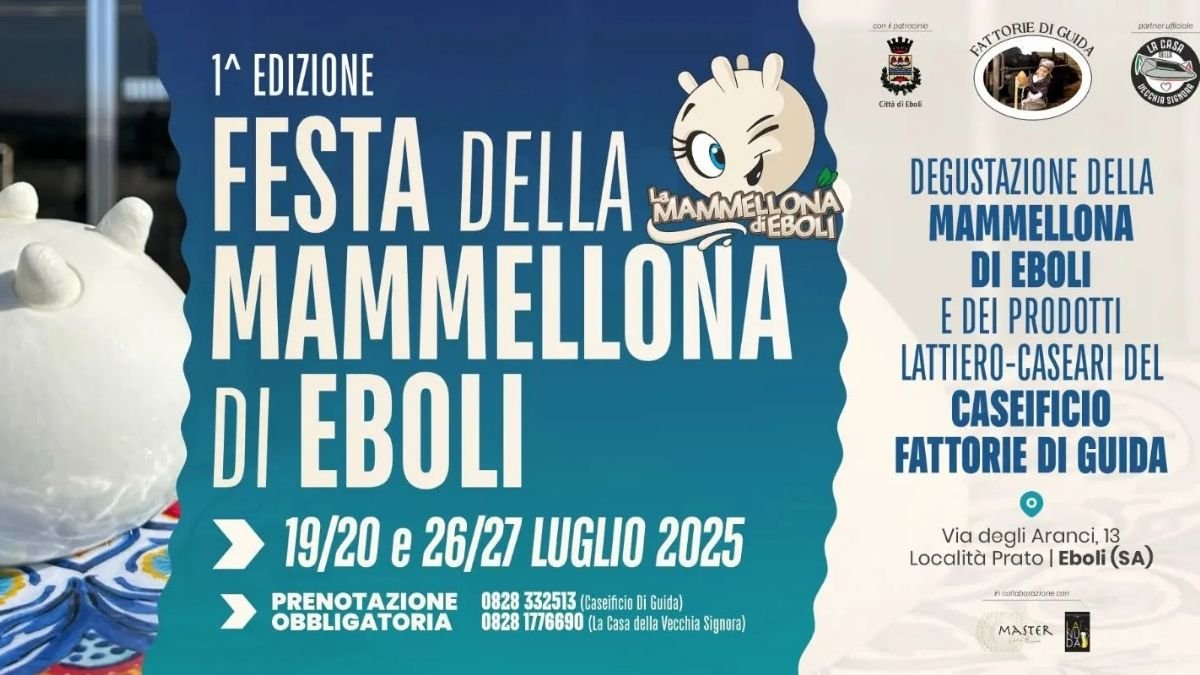 Locandina della prima edizione della Festa della Mammellona di Eboli, con degustazione di prodotti lattiero-caseari del Caseificio Fattorie di Guida, in programma il 19, 20, 26 e 27 luglio 2025 a Eboli.