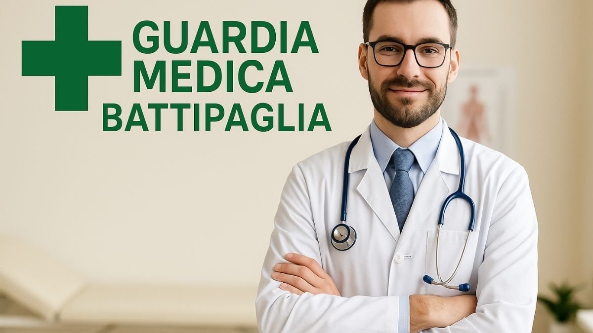 Dottore con camice e stetoscopio davanti al logo Guardia Medica Battipaglia