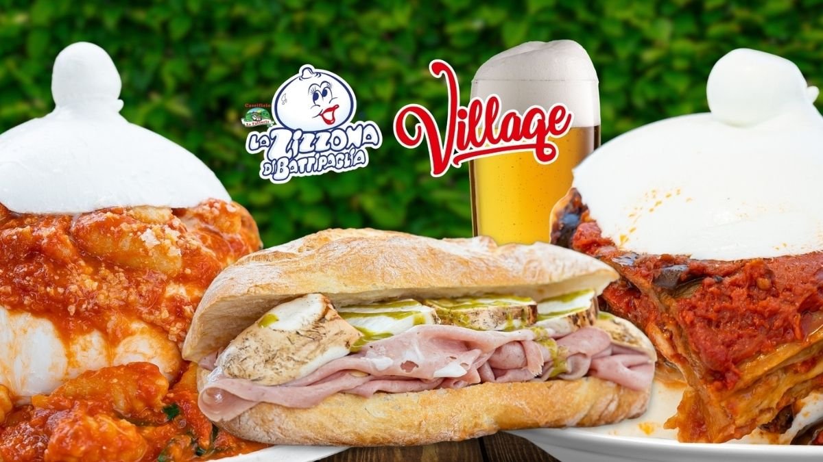 Piatti tipici campani con mozzarella di bufala: gnocchi al sugo con zizzona, panino farcito con salumi e verdure, parmigiana di melanzane con mozzarella. Logo La Zizzona di Battipaglia e birra Village sullo sfondo