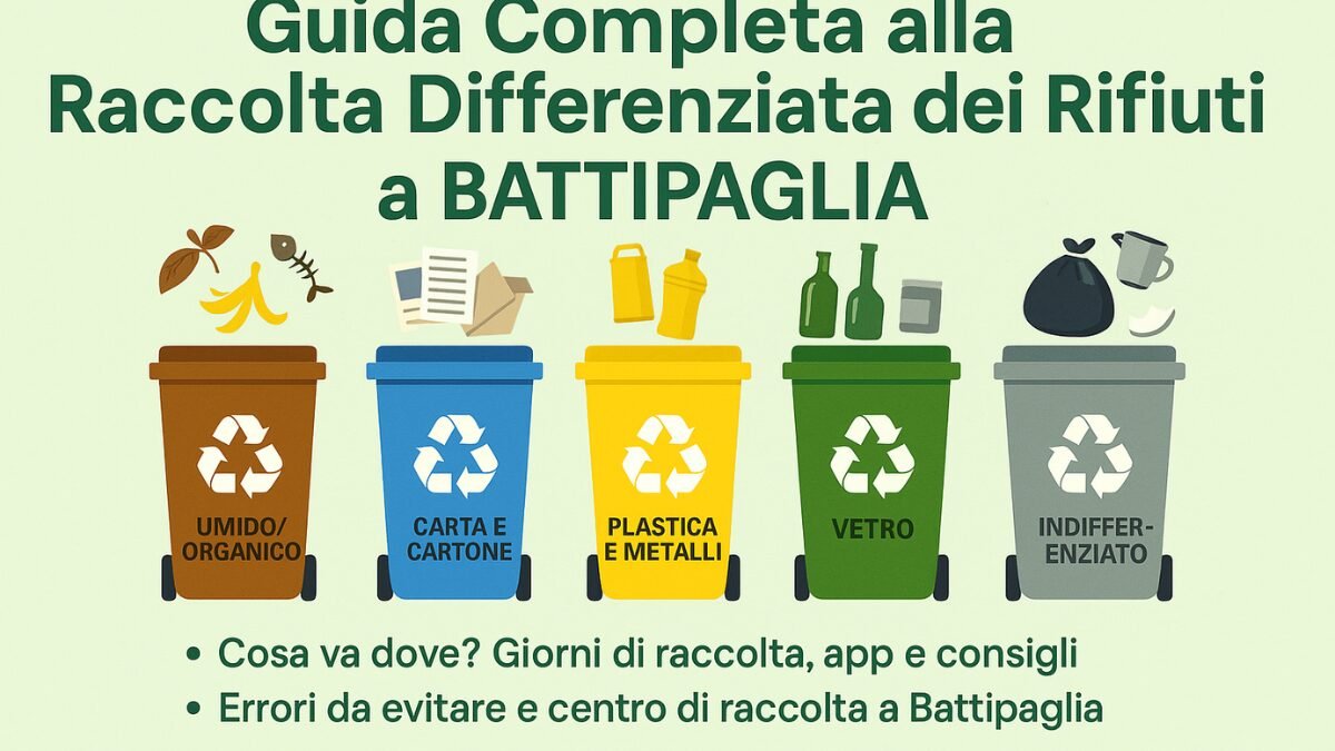 Cinque bidoni per la raccolta differenziata a Battipaglia: organico, carta e cartone, plastica e metalli, vetro, indifferenziato, con esempi visivi di rifiuti per ciascuno.