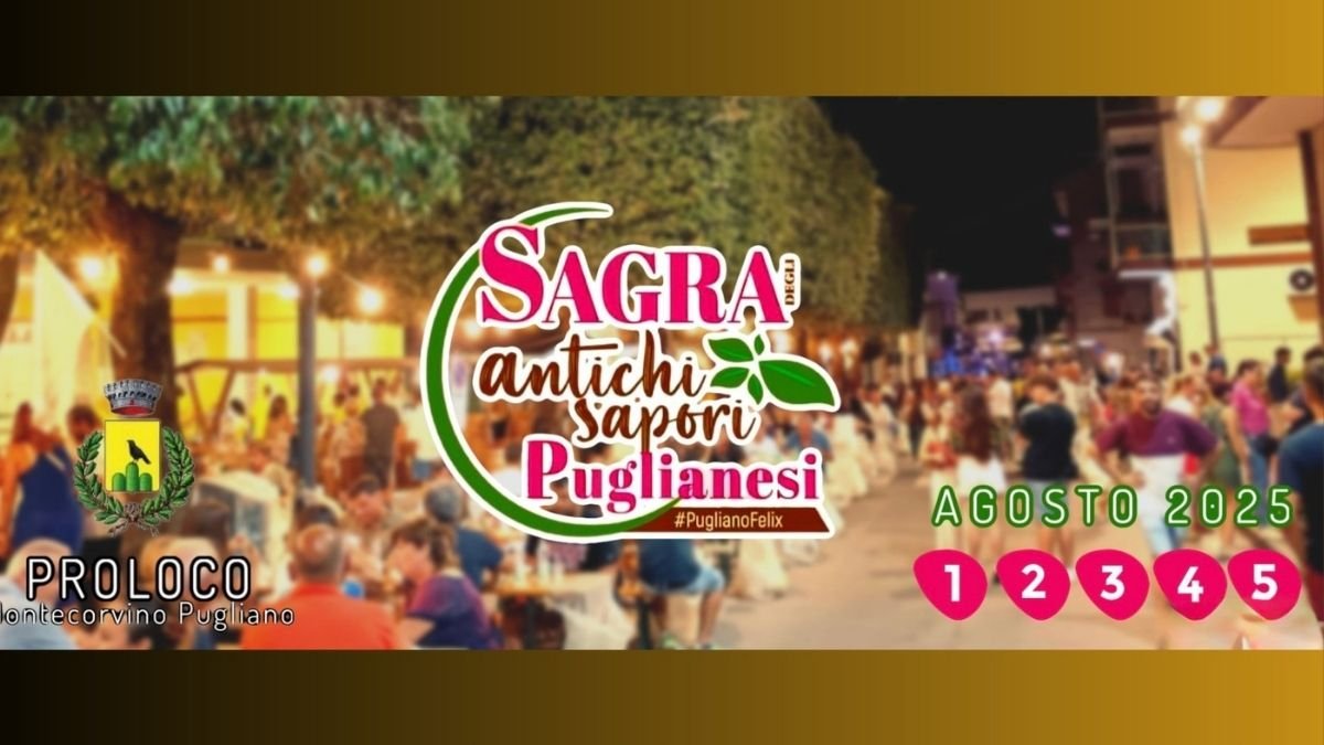 Banner ufficiale della Sagra degli Antichi Sapori Puglianesi 2025 a Montecorvino Pugliano, con sfondo festoso e loghi della Pro Loco e del Comune.