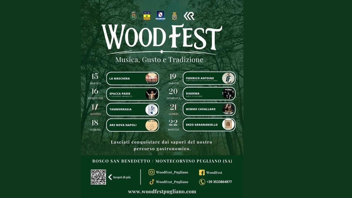 Locandina ufficiale del WoodFest 2025 con programma musicale dal 15 al 22 luglio nel Bosco San Benedetto di Montecorvino Pugliano, con concerti, gastronomia e tradizioni.