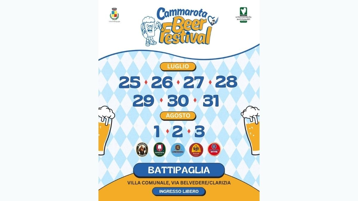 Cammarota Beer Festival 2025 La seconda edizione del festival più atteso dell’estate arriva a Battipaglia con 10 giorni di festa no-stop! 🎉 Dal 25 luglio al 3 agosto, presso la Villa Comunale di Via Belvedere/Clarizia, vi aspettano: 🍺 Birra per tutti i gusti 🍔 Street food irresistibile 🎶 Musica live ogni sera 🛍️ Mercatini artigianali 🎁 Tante sorprese e iniziative speciali 📲 Ingresso libero e tanto divertimento. Segui gli aggiornamenti per il programma completo! 💙 Si brinda con il cuore al #CBF2025