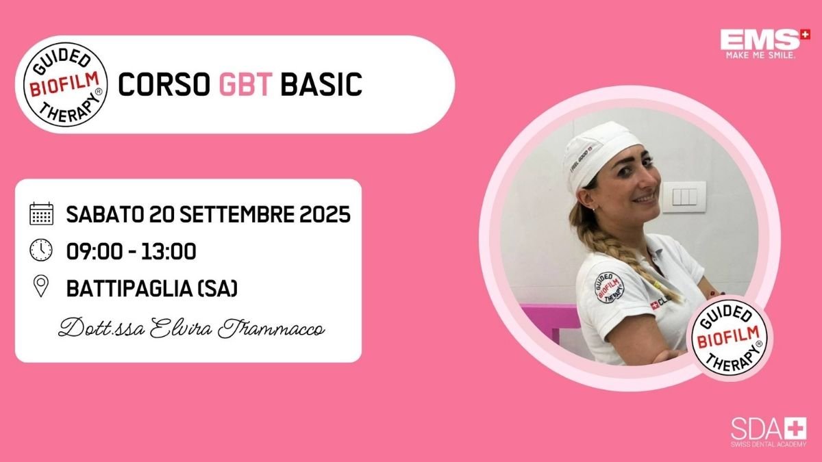 Locandina del Corso GBT Basic a Battipaglia il 20 settembre 2025 con la Dott.ssa Elvira Trammacco, organizzato da SDA – Swiss Dental Academy.