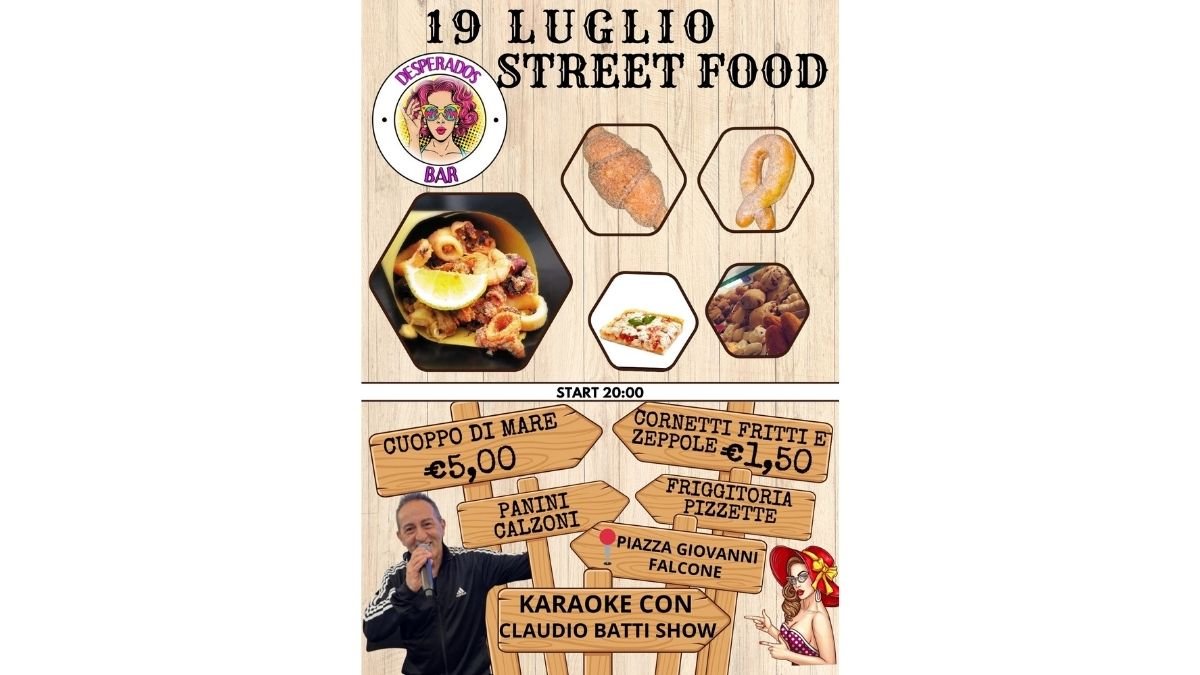 Volantino evento Street Food e Karaoke del 19 luglio 2025 a Battipaglia organizzato dal Desperados Bar