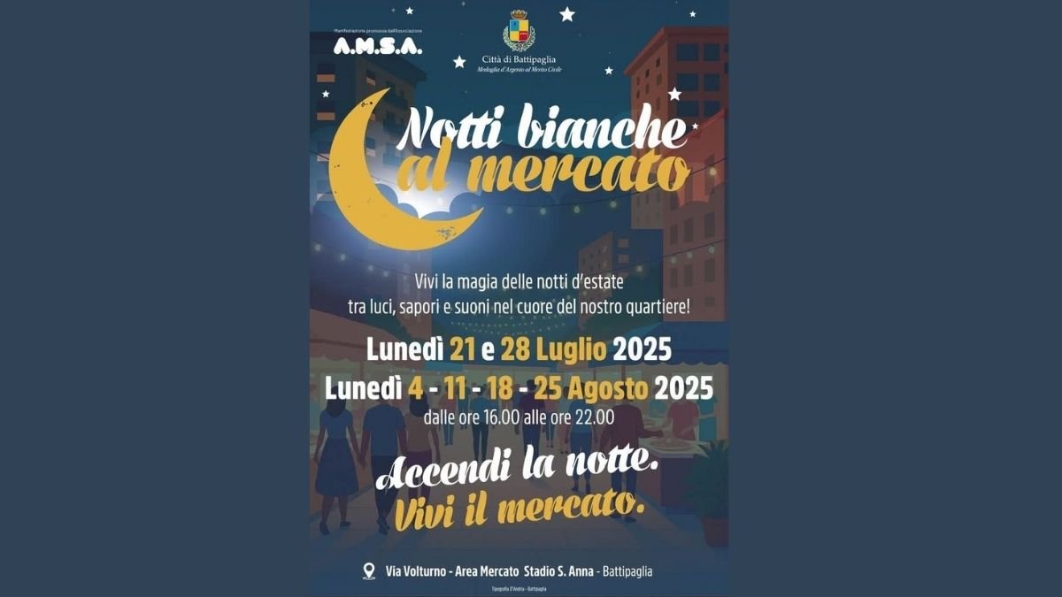 Locandina dell’evento Notti Bianche al Mercato 2025 a Battipaglia, con date tra luglio e agosto, area mercato di via Volturno.