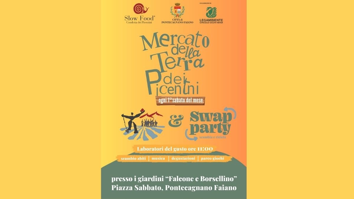 Locandina ufficiale del Mercato della Terra dei Picentini con Swap Party, degustazioni, laboratori e musica a Pontecagnano Faiano.