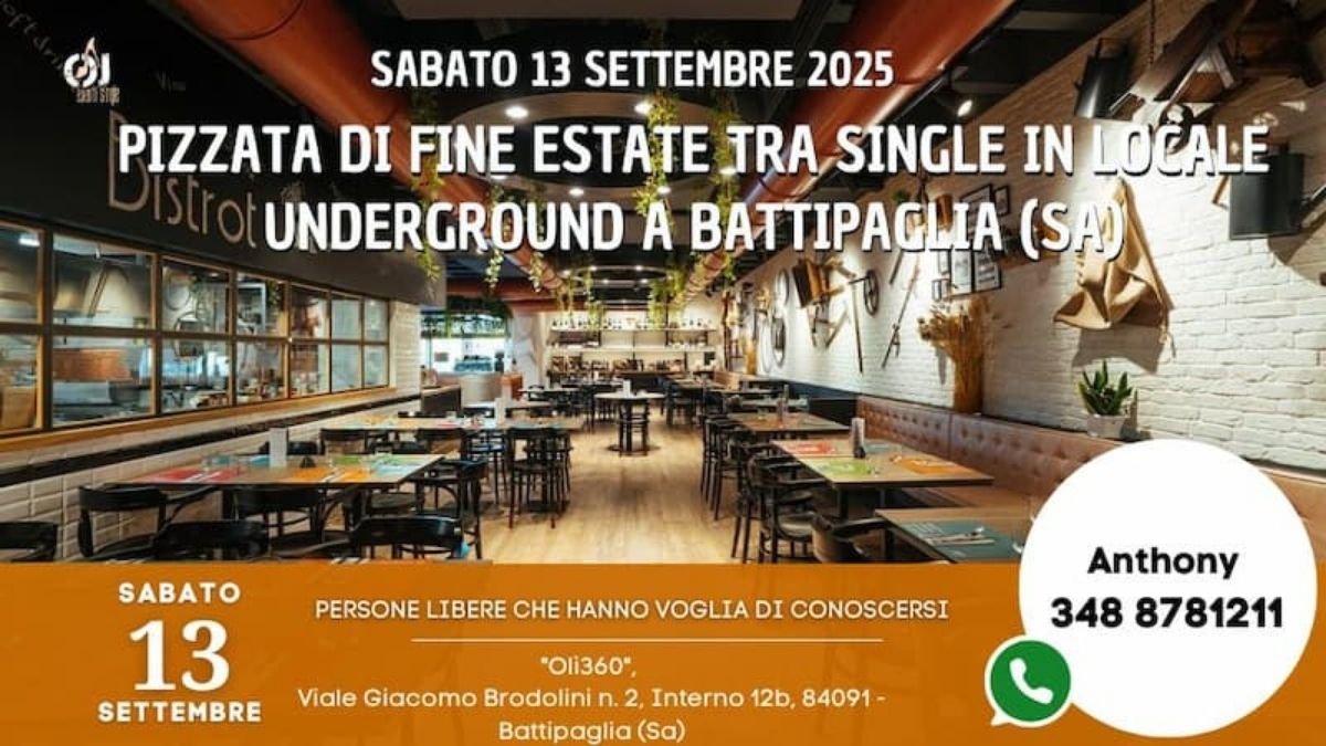 Gruppo di single che condividono una pizza a Battipaglia durante l’evento organizzato da Oj Eventi Single presso il locale Olì360.
