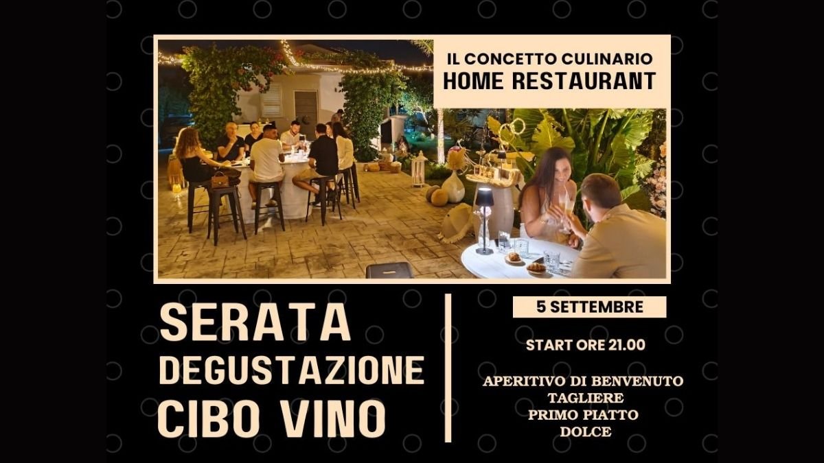 Persone sedute all’aperto a un tavolo illuminato durante una serata di degustazione cibo e vino presso l’Home Restaurant Il Concetto Culinario, atmosfera elegante con luci soffuse e giardino.